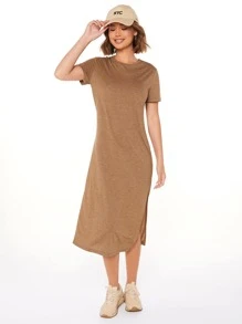 SHEIN LUNE 高開衩素色連衣裙 - 棕色 - 查看 3