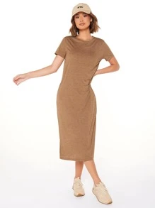 SHEIN LUNE 高開衩素色連衣裙 - 棕色 - 查看 5