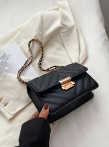 Bolso cuadrado ligero, informal de negocios, con detalle de chevrón y cadena con solapa para adolescentes, niñas, mujeres, estudiantes universitarias, novatos y trabajadores de cuello blanco, perfecto para la oficina, la universidad, el trabajo, los negocios, los desplazamientos, al aire libre, los viajes, las excursiones - Negro - Ver 2