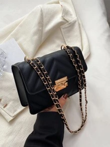 Bolso cuadrado ligero, informal de negocios, con detalle de chevrón y cadena con solapa para adolescentes, niñas, mujeres, estudiantes universitarias, novatos y trabajadores de cuello blanco, perfecto para la oficina, la universidad, el trabajo, los negocios, los desplazamientos, al aire libre, los viajes, las excursiones - Negro - Ver 4