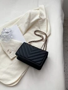 Bolso cuadrado ligero, informal de negocios, con detalle de chevrón y cadena con solapa para adolescentes, niñas, mujeres, estudiantes universitarias, novatos y trabajadores de cuello blanco, perfecto para la oficina, la universidad, el trabajo, los negocios, los desplazamientos, al aire libre, los viajes, las excursiones - Negro - Ver 6