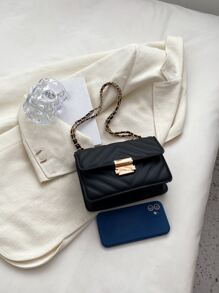 Bolso cuadrado ligero, informal de negocios, con detalle de chevrón y cadena con solapa para adolescentes, niñas, mujeres, estudiantes universitarias, novatos y trabajadores de cuello blanco, perfecto para la oficina, la universidad, el trabajo, los negocios, los desplazamientos, al aire libre, los viajes, las excursiones - Negro - Ver 7