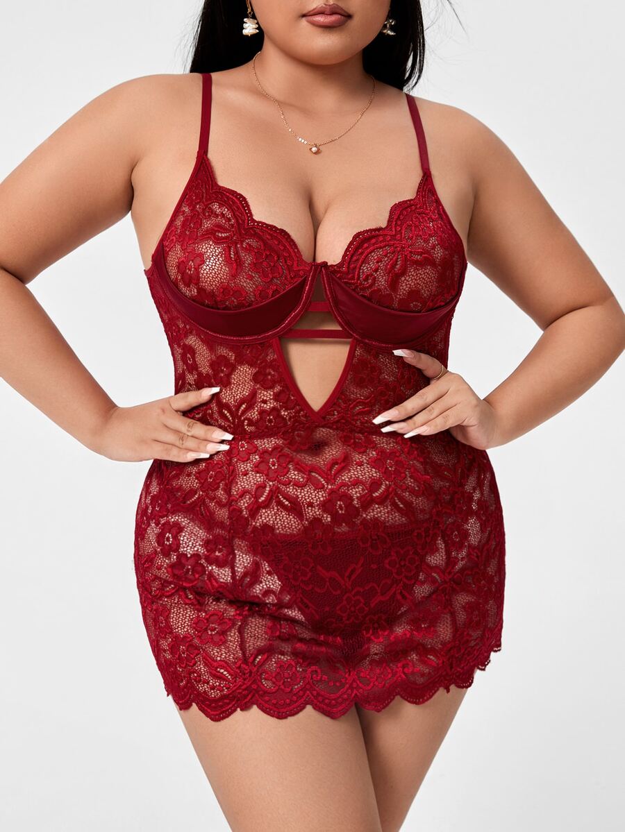Plus Scallop Trim Cut Out Lace Slips & Thong - Burgundy - View 1