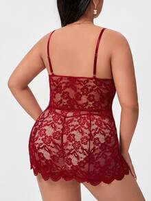 Plus Scallop Trim Cut Out Lace Slips & Thong - Burgundy - View 2