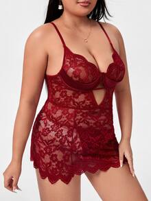 Plus Scallop Trim Cut Out Lace Slips & Thong - Burgundy - View 3