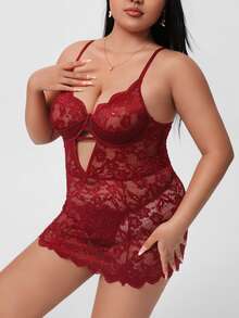 Plus Scallop Trim Cut Out Lace Slips & Thong - Burgundy - View 4