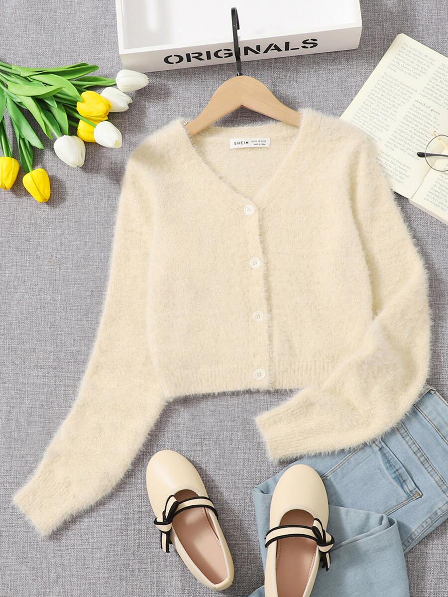 SHEIN Teen Girls Button Front Cardigan - Beige - View 1