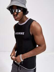 ROMWE MEN 男士字母撞色滾邊背心 - 黑色 - 查看 4