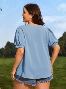 SHEIN LUNE 大碼梨細節缺口領泡泡袖襯衫 - 霧霾藍 - 查看 2