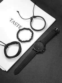 1 pieza Hombres Reloj cuarzo de puntero redondo & 3 piezas Pulsera - Negro - Ver 4