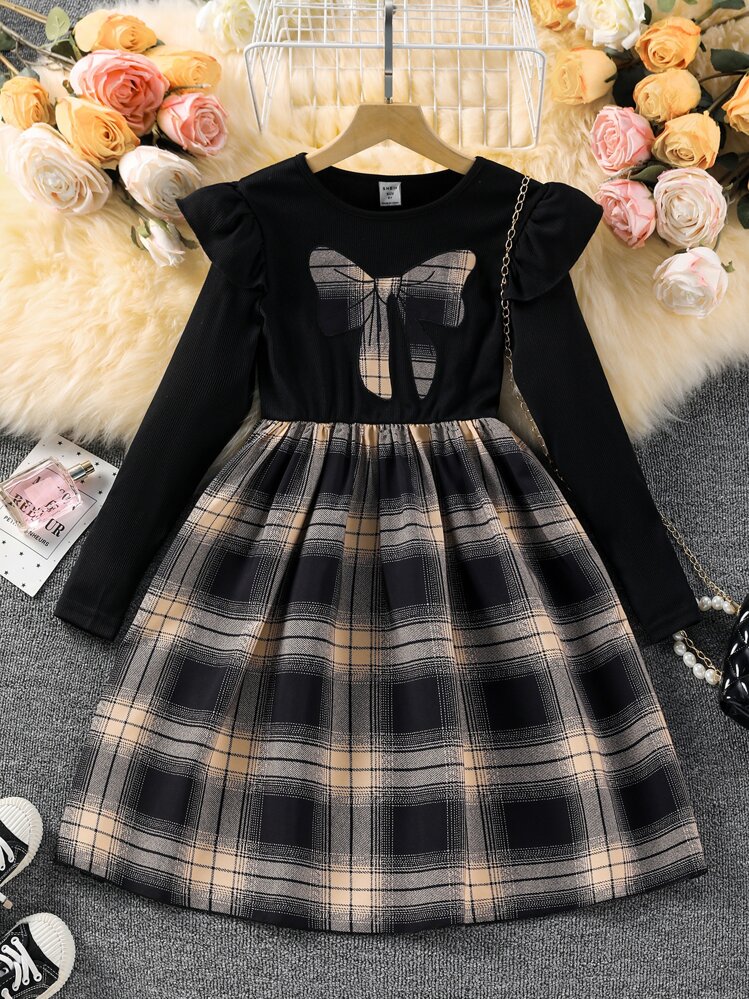 SHEIN เด็กหญิงก่อนวัยรุ่น เดรส ลายสก็อต นัวเนีย - มัลติคัลเลอร์ - ดู 1