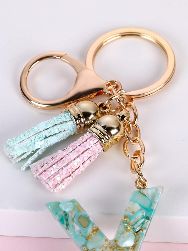 Tassel & Letter Charm Keychain - Multicolor - View 3