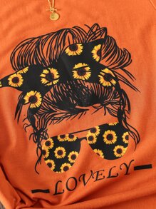 SHEIN Camiseta de cuello redondo linda y cómoda simple de estilo urbano para niña preadolescente con estampado de cara de dibujos animados - Naranja - Ver 4