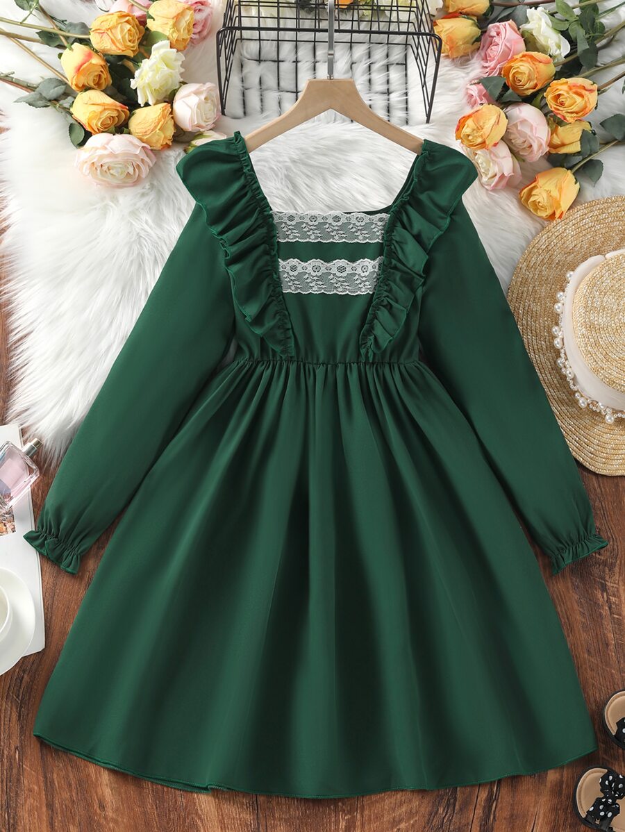 SHEIN Niñas Vestido ribete con fruncido de manga con volante - Verde Oscuro - Ver 1