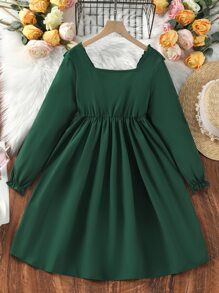 SHEIN Niñas Vestido ribete con fruncido de manga con volante - Verde Oscuro - Ver 2
