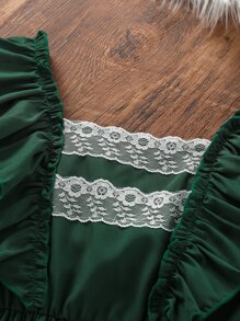 SHEIN Niñas Vestido ribete con fruncido de manga con volante - Verde Oscuro - Ver 4