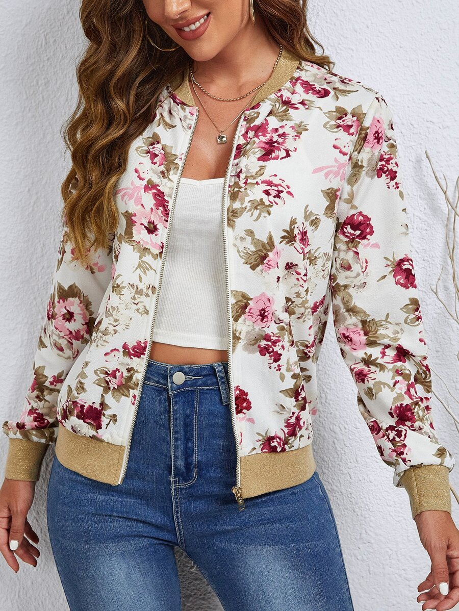 SHEIN LUNE Floral Print Zip Up Bomber Jacket - Multicolor - View 1