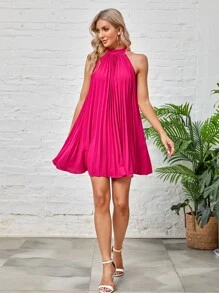 SHEIN BAE Tie Back Pleated Halter Dress - Red Violet - View 6