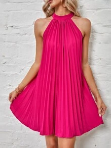 SHEIN BAE Tie Back Pleated Halter Dress - Red Violet - View 2