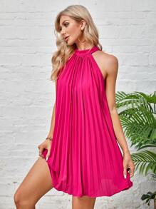 SHEIN BAE Tie Back Pleated Halter Dress - Red Violet - View 3
