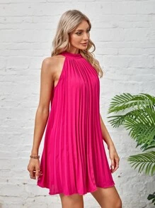 SHEIN BAE Tie Back Pleated Halter Dress - Red Violet - View 5