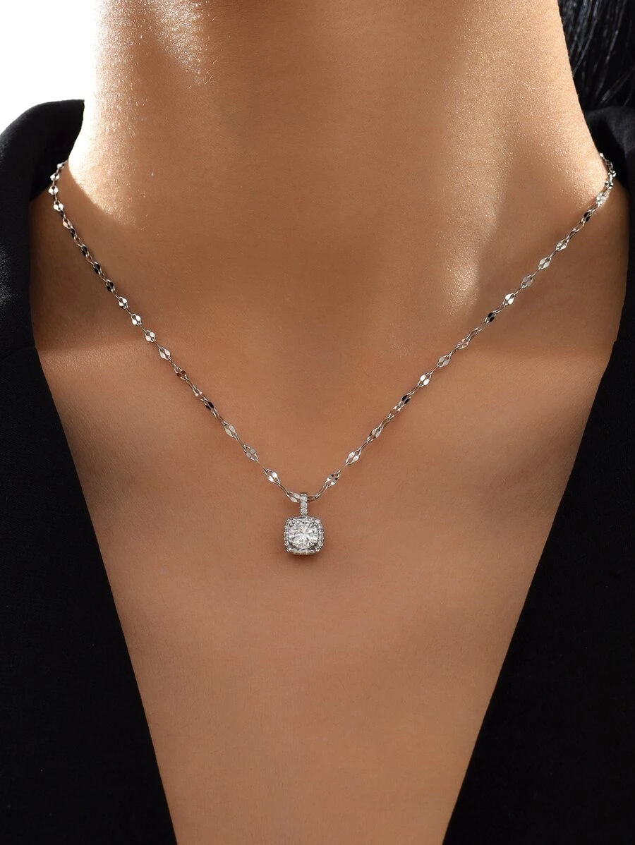 1pc Cubic Zirconia Square Pendant Necklace, Stainless Steel Jewelry - Silver - View 1