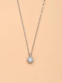 1pc Cubic Zirconia Square Pendant Necklace, Stainless Steel Jewelry - Silver - View 4