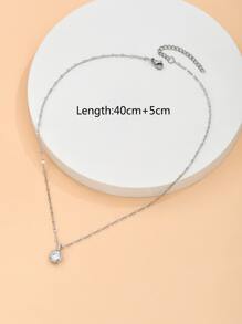 1pc Cubic Zirconia Square Pendant Necklace, Stainless Steel Jewelry - Silver - View 5