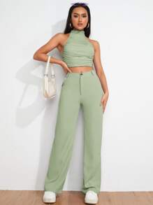 SHEIN EZwear 素色拉鏈門襟闊腿褲