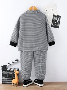 SHEIN 青少年男孩印花方格紋襯衫領西裝外套和褲子,不含t恤 - 黑與白 - 查看 2