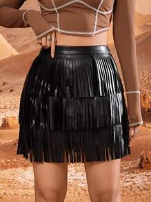 SHEIN ICON Western High Waist Fringe Hem PU Leather Skirt - Black - View 3