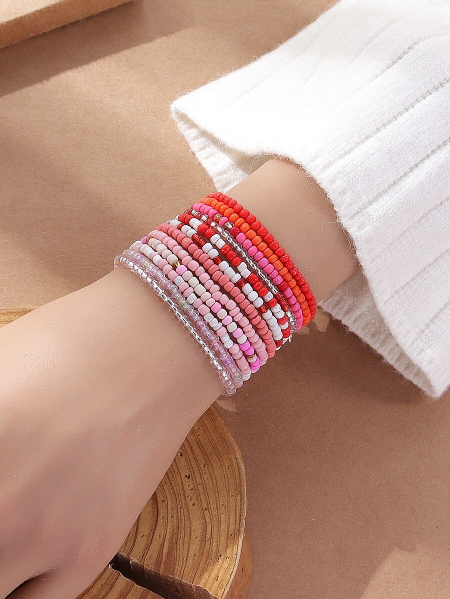 12 Chiếc Vòng Tay Đính Hạt & Đàn Hồi Phong Cách Bohemian Dành Cho Nữ, Kết Hợp Vòng Tay Tự Làm Theo Chủ Đề Ngày Lễ Bãi Biển - Đỏ - Xem 1