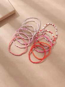 12 Chiếc Vòng Tay Đính Hạt & Đàn Hồi Phong Cách Bohemian Dành Cho Nữ, Kết Hợp Vòng Tay Tự Làm Theo Chủ Đề Ngày Lễ Bãi Biển - Đỏ - Xem 2