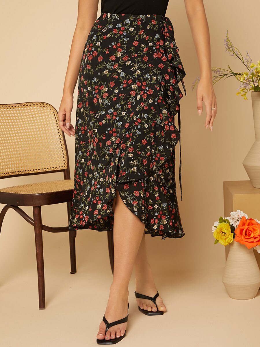 SHEIN VCAY Ditsy Floral Ruffle Trim Wrap Knot Skirt