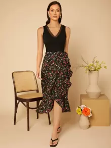 SHEIN VCAY Ditsy Floral Ruffle Trim Wrap Knot Skirt