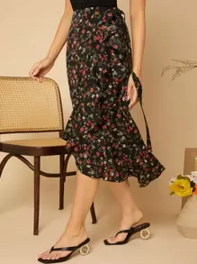 SHEIN VCAY Ditsy Floral Ruffle Trim Wrap Knot Skirt