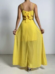 SHEIN Belle 圓點前扭結後背繫帶圍裹吊帶連衣裙 - 黃色 - 查看 2
