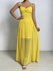 SHEIN Belle 圓點前扭結後背繫帶圍裹吊帶連衣裙 - 黃色 - 查看 4