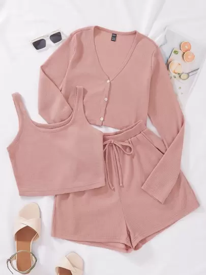 SHEIN Unity 素色前紐扣T恤和背心上衣和短褲