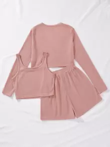 SHEIN Unity Solid Button Front Tee & Tank Top & Shorts Fall Cloth For Women - Pink - View 2