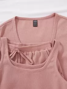 SHEIN Unity Solid Button Front Tee & Tank Top & Shorts Fall Cloth For Women - Pink - View 4