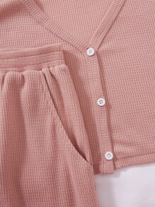 SHEIN Unity Solid Button Front Tee & Tank Top & Shorts Fall Cloth For Women - Pink - View 5