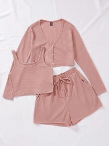 SHEIN Unity Solid Button Front Tee & Tank Top & Shorts Fall Cloth For Women - Pink - View 7