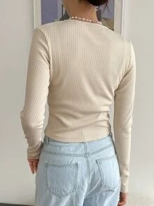 DAZY 半开襟拼接细节长袖女式T恤 - 卡其色 - 查看 2