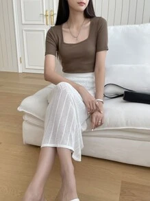 DAZY 方領肋編短袖t恤 - 咖啡棕 - 查看 5