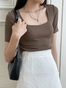 DAZY 方領肋編短袖t恤 - 咖啡棕 - 查看 7