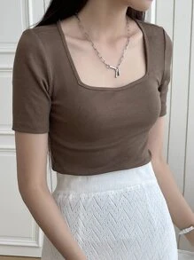 DAZY 方領肋編短袖t恤 - 咖啡棕 - 查看 8