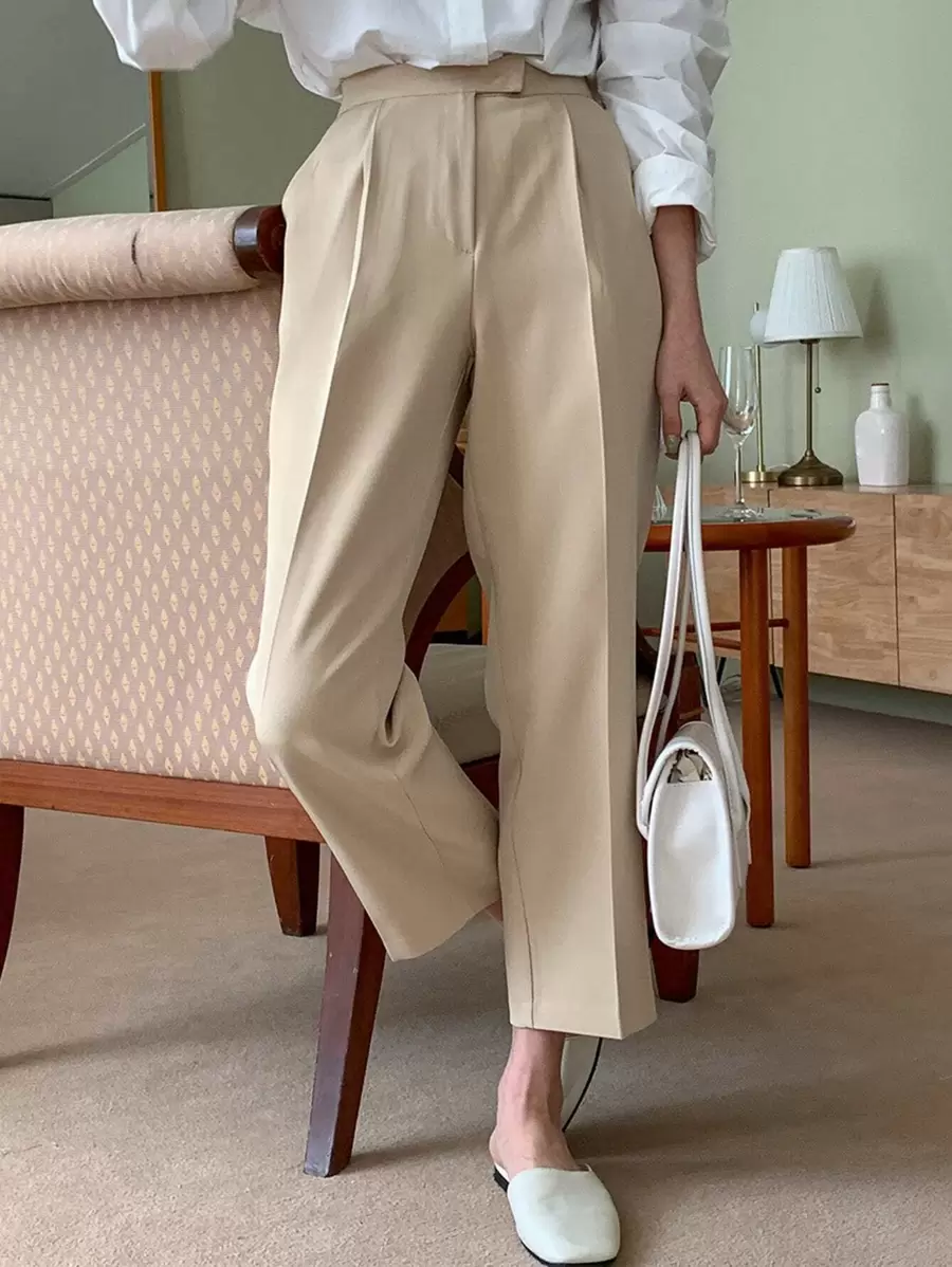 DAZY 高腰褶饰裤女式正装裤 - 卡其色 - 查看 1