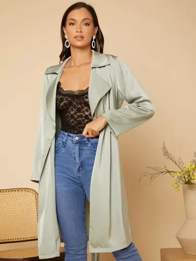 Solid Lapel Neck Belted Trench Coat SHEIN EUR