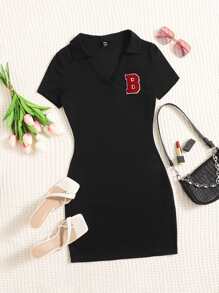 SHEIN EZwear 字母補丁細節緊身洋裝 - 黑色 - 查看 2